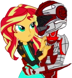 Size: 649x700 | Tagged: safe, artist:slayguy, sunset shimmer, oc, oc:guardian angel, equestria girls, g4, canon x oc, crossover, halo (series), helmet, shipping, spartan