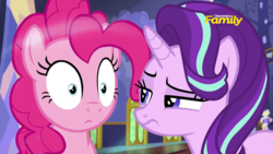 Size: 1280x720 | Tagged: safe, screencap, pinkie pie, starlight glimmer, pony, every little thing she does, g4, season 6, discovery family logo, fiducia compellia, hypnosis, hypnotized