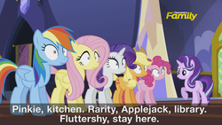 Size: 2547x1435 | Tagged: safe, screencap, applejack, fluttershy, pinkie pie, rainbow dash, rarity, starlight glimmer, pony, every little thing she does, g4, adventure in the comments, brainwashed, discovery family logo, fiducia compellia, mind control, preview