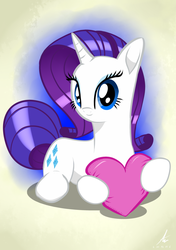 Size: 2500x3554 | Tagged: safe, artist:truffle shine, rarity, pony, unicorn, g4, cute, female, heart pillow, high res, looking at you, love, mare, prone, raribetes, solo