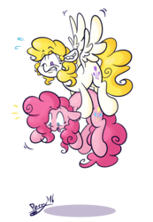 Size: 552x800 | Tagged: safe, artist:perrydotto, pinkie pie, surprise, pony, g4, carrying, holding a pony