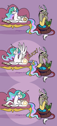 Size: 598x1309 | Tagged: safe, artist:merrypaws, discord, princess celestia, alicorn, draconequus, pony, g4, behaving like a snake, book, comic, confused, curled up, discord being discord, female, frown, glowing cutie mark, lamplestia, lidded eyes, light, looking back, male, mare, missing accessory, prone, purple background, reading, shocked, simple background, smiling, smirk, spread wings, sunbutt, surprised, tail, tail pull, this will end in tears and/or a journey to the moon, wat, wide eyes, wings