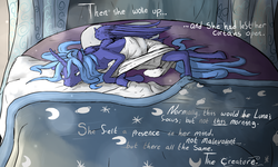 Size: 2000x1200 | Tagged: safe, artist:seventozen, princess luna, g4, bed, female, s1 luna, solo, the exulansis project, younger