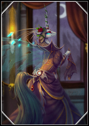 Size: 737x1042 | Tagged: safe, artist:begasus, queen chrysalis, changeling, changeling queen, g4, clothes, dress, female, looking at you, looking back, moon, smiling, solo, window