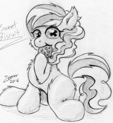 Size: 1422x1554 | Tagged: safe, artist:zemer, sweet biscuit, g4, adorabiscuit, cookie, cute, female, fluffy, food, missing horn, monochrome, nom, solo, traditional art
