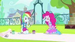 Size: 960x540 | Tagged: safe, screencap, pinkie pie, rainbow dash, equestria girls, g4, my little pony equestria girls: rainbow rocks, pinkie on the one, animated, balloon, banner, boots, bracelet, cute, diapinkes, female, gif, high heel boots, jewelry, paintbrush, rock, tree