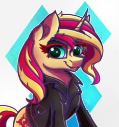 Size: 1920x2057 | Tagged: safe, artist:midnightsix3, sunset shimmer, pony, unicorn, g4, clothes, ear fluff, female, green eyes, horn, jacket, leather, leather jacket, mare, solo, sunset shimmer day