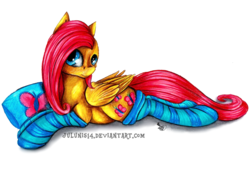 Size: 1024x725 | Tagged: safe, artist:julunis14, fluttershy, g4, clothes, female, prone, simple background, socks, solo, striped socks, traditional art, transparent background