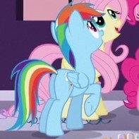 Size: 197x197 | Tagged: safe, screencap, fluttershy, rainbow dash, pony, g4, sweet and elite, butt, cropped, female, mare, plot