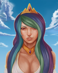 Size: 1700x2160 | Tagged: safe, artist:starblaze25, princess celestia, human, g4, big breasts, breasts, busty princess celestia, clothes, female, humanized, looking at you, solo