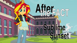 Size: 1024x576 | Tagged: safe, artist:mlp-silver-quill, sunset shimmer, after the fact, equestria girls, g4, canterlot high, clothes, female, jacket, leather jacket, smiling, solo, sunset shimmer day, title card, wondercolt statue