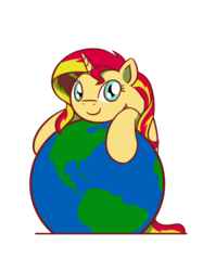 Size: 1280x1707 | Tagged: safe, artist:flutterluv, sunset shimmer, pony, unicorn, g4, cute, earth, female, looking at you, macro, pony bigger than a planet, shimmerbetes, smiling, solo, sunset shimmer day, tangible heavenly object, weapons-grade cute