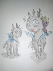 Size: 1920x2560 | Tagged: safe, artist:blackrose416, spike, thorax, changeling, g4, chibi, dragons riding changelings, riding, smiling, spike riding thorax, traditional art