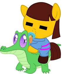 Size: 786x917 | Tagged: safe, artist:red4567, gummy, pony, g4, baby, baby pony, crossover, cute, frisk, pacifier, ponies riding gators, ponified, riding, undertale