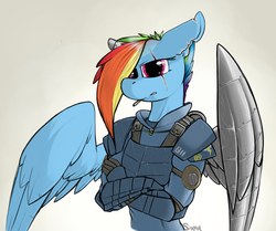 Size: 1088x909 | Tagged: safe, artist:sinrar, rainbow dash, anthro, g4, the cutie re-mark, alternate timeline, amputee, apocalypse dash, armor, augmented, crossed arms, crystal war timeline, prosthetic limb, prosthetic wing, prosthetics, scar, smoking