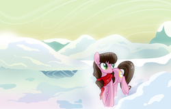 Size: 1280x816 | Tagged: safe, artist:breloomsgarden, oc, oc only, oc:macdolia, earth pony, pony, clothes, pigtails, scarf, snow, snowfield, solo, wallpaper