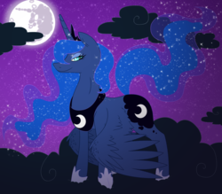 Size: 1928x1692 | Tagged: safe, artist:xxinfamouswormxx, princess luna, g4, cloud, female, mare in the moon, moon, night, smiling, solo