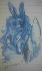 Size: 863x1449 | Tagged: dead source, safe, artist:goldenrainynight, princess luna, alicorn, pony, g4, bunny ears, female, food, lined paper, mare, mooncake, solo, traditional art