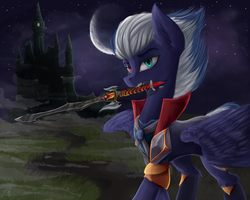 Size: 2738x2190 | Tagged: safe, artist:zefirayn, oc, oc only, castle, fangs, heterochromia, high res, moon, mouth hold, night, solo, sword, weapon