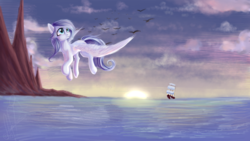 Size: 1920x1080 | Tagged: safe, artist:zefirayn, oc, oc only, bird, cloud, flying, mountain, ocean, scenery, ship, solo, sunset
