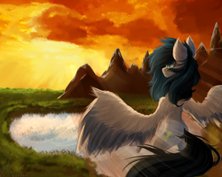 Size: 2738x2190 | Tagged: safe, artist:zefirayn, oc, oc only, pegasus, pony, crepuscular rays, flying, high res, lake, mountain, solo, water