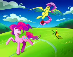 Size: 1500x1172 | Tagged: safe, artist:skyeypony, fluttershy, pinkie pie, butterfly, buckball season, g4, action shot, ball, buckball, cloud, cutie mark, duo, field, flying, fun, fur, grass, happy, kicking, mountain, nose in the air, pink fur, pink hair, playing, sky, smiling, teeth, tongue out