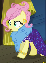 Size: 560x770 | Tagged: safe, screencap, fluttershy, pony, g4, viva las pegasus, clothes, cropped, disguise, ear piercing, earring, feather boa, female, impossibly rich, jewelry, mare, messy hair, piercing, raised eyebrow, solo