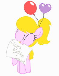 Size: 2080x2656 | Tagged: safe, artist:sny-por, oc, oc only, oc:lola balloon, ^^, balloon, birthday, cute, eyes closed, heart, heart balloon, high res, mouth hold, note, paper, pencil, ponytail, simple background, white background