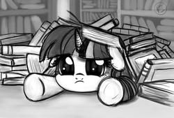 Size: 1600x1080 | Tagged: safe, artist:nimaru, twilight sparkle, pony, unicorn, g4, book, bookshelf, cute, dilated pupils, female, floppy ears, frown, looking at you, monochrome, prone, sad, solo, stuck, this will end in tears, twiabetes, underhoof