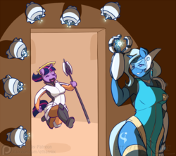 Size: 950x842 | Tagged: safe, artist:ethanqix, edit, trixie, twilight sparkle, anthro, g4, ambush, clothes, costume, crossover, duo, mercy, overwatch, symmetra, this will end in death, twilight vs trixie, video game, wingless, wingless anthro, wingless edit