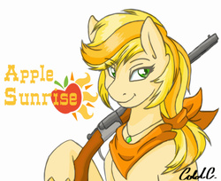 Size: 2500x2035 | Tagged: safe, artist:ciderpunk, derpibooru exclusive, oc, oc only, oc:applesunrise, clothes, gun, high res, scarf, solo, weapon