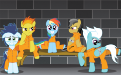 Size: 2000x1235 | Tagged: safe, artist:spellboundcanvas, daring do, fleetfoot, rainbow dash, soarin', spitfire, pony, g4, angry, bored, bound wings, clothes, happy, jumpsuit, prison, prison outfit, prisoner, prisoner rd, scared, smiling, teeth, varying degrees of want, wing cuffs, wonderbolts