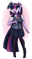 Size: 850x1547 | Tagged: safe, artist:king-kakapo, twilight sparkle, anthro, unguligrade anthro, g4, arm hooves, clothes, cloven hooves, female, looking away, mary janes, multiple variants, necktie, open mouth, pantyhose, pleated skirt, skirt, solo, unshorn fetlocks, vest, watch