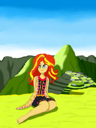 Size: 720x960 | Tagged: safe, artist:southernstar1234, sunset shimmer, equestria girls, g4, my little pony equestria girls: legend of everfree, barefoot, feet, female, grass, macchu picchu, outdoors, peru, solo, sunset shimmer day