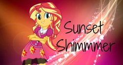 Size: 1024x543 | Tagged: safe, artist:twilightshimmer12, sunset shimmer, equestria girls, g4, my little pony equestria girls: friendship games, crossed arms, cutie mark, effects, female, outfit, smiling, solo, vector, wallpaper
