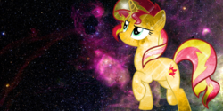 Size: 1366x685 | Tagged: safe, artist:mlpsonic156, sunset shimmer, pony, unicorn, g4, female, galaxy, lens flare, mare, raised hoof, solo, space, vector, wallpaper