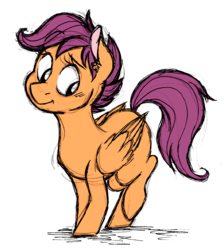 Size: 1141x1275 | Tagged: dead source, safe, artist:strangiesleepy, scootaloo, pegasus, pony, g4, blank flank, cute, cutealoo, female, filly, foal, looking down, raised hoof, simple background, solo, white background