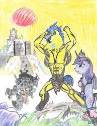 Size: 1700x2200 | Tagged: safe, artist:triforce-treasure, flash sentry, twilight sparkle, alicorn, anthro, g4, clothes, crayon drawing, male, ship:flashlight, shipping, straight, topless, traditional art, twilight sparkle (alicorn), wat