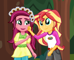 Size: 1085x888 | Tagged: safe, artist:majkashinoda626, gloriosa daisy, sunset shimmer, equestria girls, g4, my little pony equestria girls: legend of everfree, clothes, comforting, cute, empathy, shimmerbetes, shorts, teary eyes