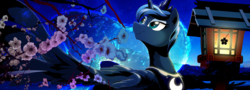 Size: 4000x1440 | Tagged: safe, artist:dormin-dim, princess luna, pony, g4, cherry blossoms, crown, eyeshadow, female, jewelry, lantern, looking up, makeup, necklace, regalia, smiling, solo, spread wings, widescreen