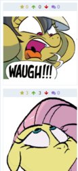 Size: 213x465 | Tagged: safe, artist:jay fosgitt, idw, daring do, fluttershy, derpibooru, g4, juxtaposition, meta