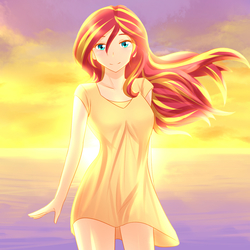 Size: 1280x1280 | Tagged: safe, artist:jonfawkes, sunset shimmer, human, equestria girls, g4, beautiful, clothes, cute, dress, female, humanized, looking at you, shimmerbetes, smiling, solo, sundress, windswept mane