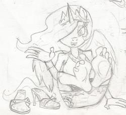 Size: 515x470 | Tagged: safe, artist:dertikleen, princess celestia, alicorn, anthro, plantigrade anthro, g4, barefoot, clothes, dress, feet, female, foot fetish, footprint, grayscale, monochrome, sandals, simple background, sitting, toe ring, toes, traditional art, upskirt denied, white background