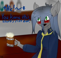Size: 1500x1420 | Tagged: safe, artist:eclipsepenumbra, oc, oc only, oc:eclipse penumbra, bat pony, anthro, fallout equestria, bar, bat pony oc, blushing, cider, clothes, drunk, fallout, fanfic, fanfic art, fangs, female, green eyes, hiccup, jumpsuit, looking at you, mug, onomatopoeia, open mouth, solo, story included, tankard, vault suit