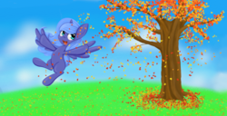 Size: 1374x705 | Tagged: safe, artist:springveil, princess luna, g4, autumn, female, filly, flying, solo, woona, younger
