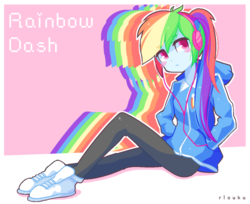 Size: 800x654 | Tagged: safe, artist:riouku, rainbow dash, equestria girls, g4, blush sticker, blushing, clothes, female, hand in pocket, headphones, hoodie, pants, shoes, sitting, sneakers, solo, speedpaint