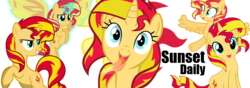 Size: 1000x350 | Tagged: artist needed, safe, sunset shimmer, alicorn, pony, equestria daily, g4, alicornified, cute, multeity, race swap, shimmerbetes, shimmercorn, shimmerstorm, sunset shimmer day, this will end in fire, tongue out