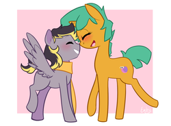 Size: 1280x941 | Tagged: safe, artist:lilliesinthegarden, snails, oc, oc:aero, pegasus, pony, g4, aeroshell, blushing, boop, canon x oc, clothes, colt, cute, gay, glitter shell, male, noseboop, nuzzling, offspring, parent:derpy hooves, parent:oc:warden, parents:canon x oc, parents:warderp, raised hoof, scarf, shellbetes, shipping, snout