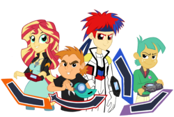 Size: 3000x2023 | Tagged: safe, artist:edcom02, artist:jmkplover, snails, snips, sunset shimmer, oc, oc:roy starfall, equestria girls, g4, breasts, crossover, duel disk, female, high res, simple background, transparent background, yu-gi-oh!, yu-gi-oh! arc-v