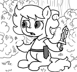Size: 640x600 | Tagged: safe, artist:ficficponyfic, oc, oc only, oc:ruby rouge, earth pony, pony, colt quest, belt, bush, child, clothes, dagger, female, filly, foal, grass, knife, monochrome, shirt, solo, story included, talking, weapon